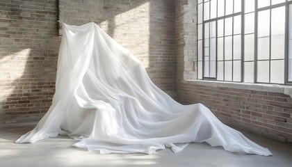A draped, white fabric covers a modern, minimalist sculpture.