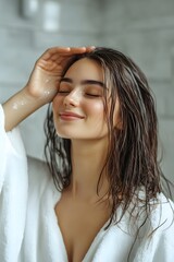 Naklejka premium Woman with wet hair in white bathrobe