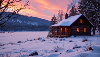 a cozy cottage sits beside a frozen lake, smoke curling from the chimney into the twilight.