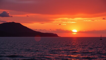 the last light of day turns the sky crimson above an endless ocean.