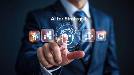 Businessperson interacting with a digital display of artificial intelligence for strategic planning.
