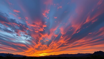 the sky turns a fiery orange as the sun disappears behind desert mountains.