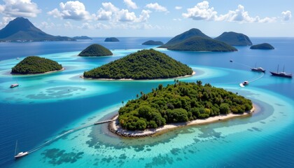 small islands dot a turquoise sea, each crowned with lush greenery.