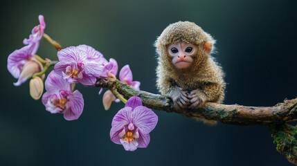 baby ape sitting on a tree branch with purple flowers defocused forest background wildlife photography