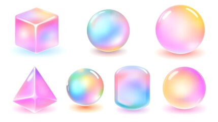 Colorful geometric shapes with iridescent effects.