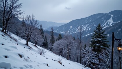 light snow begins to fall on a quiet hillside forest as night approaches.
