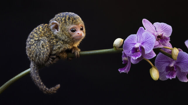 baby ape sitting on a tree branch with purple flowers defocused forest background wildlife photography