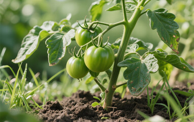 Fototapeta premium Tomato plants thrive in fertile soil, surrounded by wild grass. Green, unripe tomatoes hang beneath imperfect leaves, adding a raw, natural touch. Bright lighting enhances the fresh, organic feel.