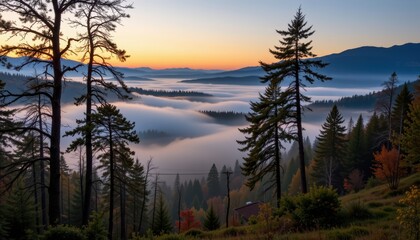 a sea of mist floats above rolling forest hills at dawn.