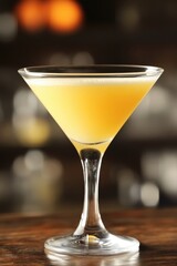 Close up of a refreshing Sidecar cocktail in a martini glass on a wooden bar top with a blurred background