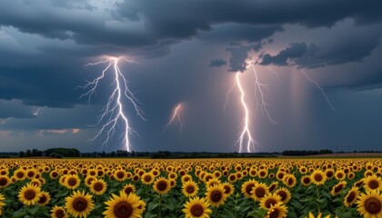 a thunderstorm breaks over a sunflower field, lightning flashing across dark clouds.