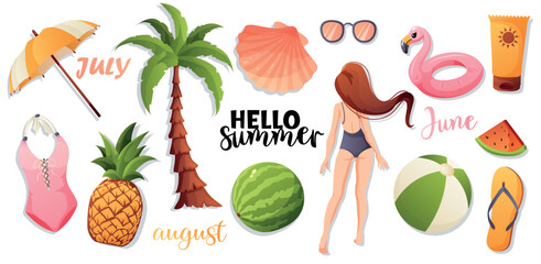 Minimalist summer vector set with fruits, swimwear, and a girl from behind. Ideal for prints, banners, web design, and social media.