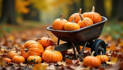 Abundant autumn harvest of ripe pumpkins and gourds spilling from a wheelbarrow , country, colorful, Halloween