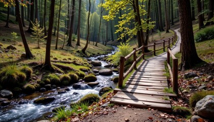 a rustic footbridge stretches across a bubbling brook deep in the forest.