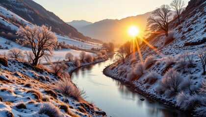 a quiet river carves its way through a frost covered valley at dawn.