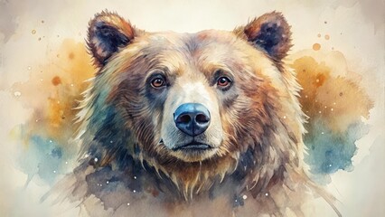 Fototapeta premium A Majestic Brown Bear Portrait in Watercolor, Painted with Delicate Brushstrokes and Vibrant Hues, Evoking a Sense of Wilderness and Untamed Beauty