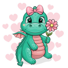 Cute Cartoon Green Dragon with pink flower and hair bow. Vector Illustration with animal on white background with pink hearts.