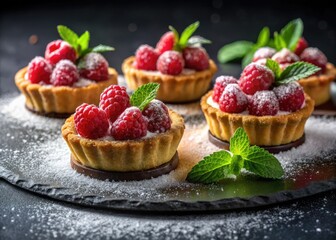 Panoramic Raspberry Tartlets: Black Plate, Mint, Powdered Sugar, Dessert Photography