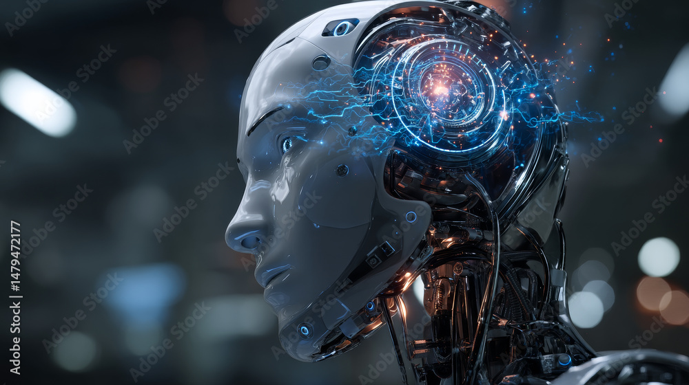 Poster artificial intelligence in humanoid head with neural network thinks. ai with digital brain is learni