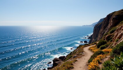 a cliffside path offers sweeping views of a sparkling ocean far below.