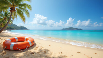 Fototapeta premium Luxury Tropical Beach Escape Banner, Summer Vacation Paradise with Life Preserver on Golden Sand, Crystal Clear Ocean, Copy Space, Travel Getaway, Premium