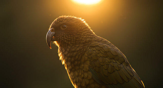 Majestic Kea Parrot bathed in golden sunset light a breathtaking wildlife moment