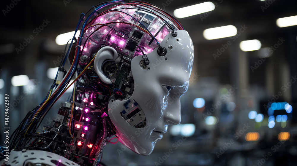 Poster ai or artificial intelligence in image humanoid face head in profile view. ai solves problem. bald h