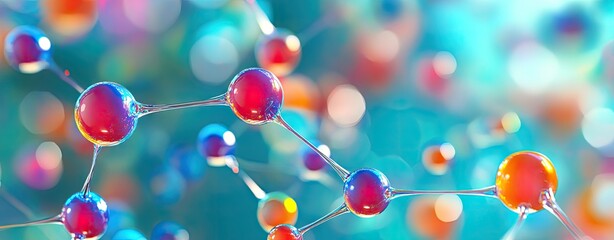 Abstract representation of molecular structures with vibrant colors and blurred bokeh background. illustrating scientific concepts in a visually engaging manner