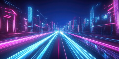 A vibrant. futuristic cityscape featuring neon lights and dynamic motion blur. showcasing a bustling urban environment at night with glowing skyscrapers and illuminated streets