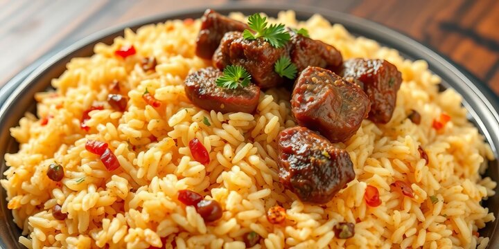 Fluffy Somali Surbiyaan rice with tender lamb, aromatic spices, Somali food,   ingredients