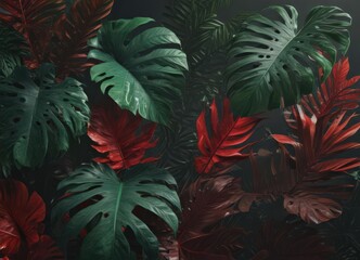 Deep emerald & crimson tropical leaves, shadows & rich textures , texture, design, plant