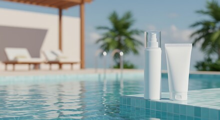Fototapeta premium unlabeled packacing Natural cosmetic spa medical skincare minimalist product. concept product lay on the poolside. 