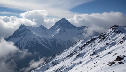 clouds swirl above jagged peaks as snow begins to fall.