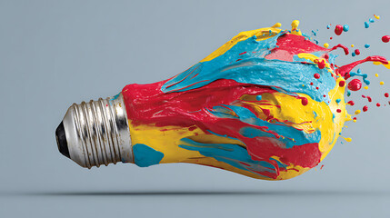 Floating light bulb exploding with dynamic splashes of paint in red, blue, yellow and green, representing creativity and brainstorming