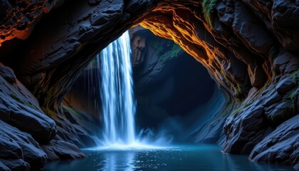 a quiet waterfall flows into a cave entrance glowing with faint blue light.