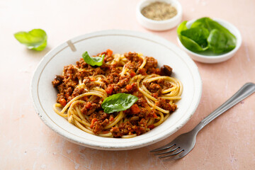 Spaghetti Bolognese with fresh basil