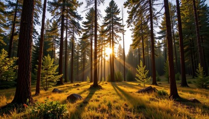 a forest clearing glows golden as the sun peeks through tall trees.