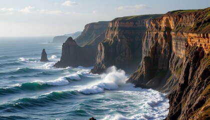 a dramatic cliff juts into the ocean, waves crashing at its base in rhythmic fury.