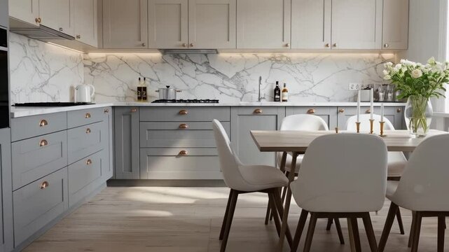 Elegant kitchen interior with gray cabinets marble backsplash and a crystal chandelier