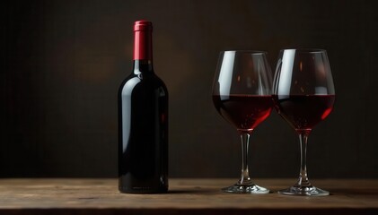 Dark wood, single bottle, two elegant wine glasses, wine bottle, wine tasting