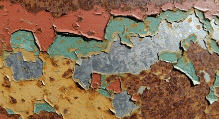 Close-up view of rusty metal with peeling paint.