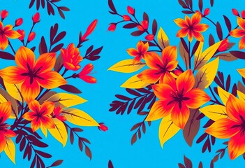 Obraz premium Seamless tropical summer pattern featuring silhouetted exotic flower branches on a vibrant blue background, modern, aesthetic