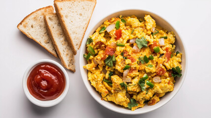 Anda bhurji served with bread on white background