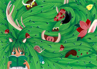 本を読みながら動物たちの物語を想像する少女のイラスト｜ファンタジーと創造力の世界