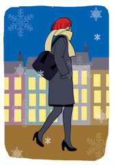 冬の街を歩くマフラーの女の子｜季節感あるカラーイラスト