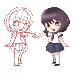 セーラー服の少女｜下描きと完成イラストの比較セット