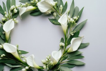 Delicate white floral wreath arrangement on light gray background.