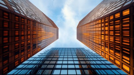 A stunning view looking up between towering modern skyscrapers. showcasing glass and steel structures against a clear blue sky. perfect for urban architecture themes