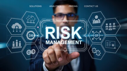 Businessperson interacting with a risk management interface.