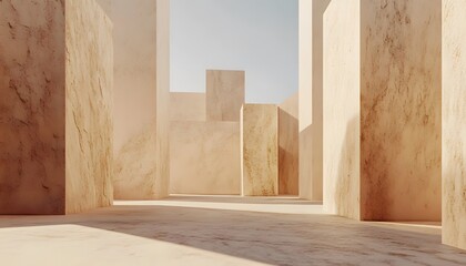 Light-filled beige architectural interior scene.